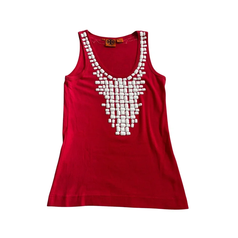 Tory Burch Tank Top Small Red White Beaded Bib Embellished Cotton Sleeveless
